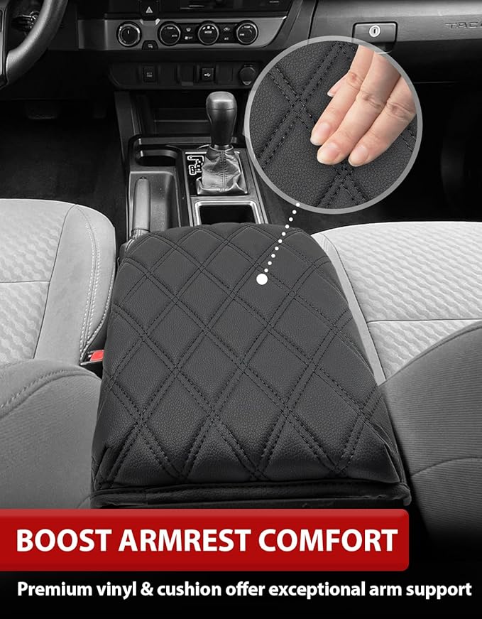 KBH Center Console Armrest Cover for Toyota Tacoma 2016-2023, Interior Accessories, Middle Console Lid Cushion, Arm Rest Cover Protector, Vinyl Leather, Black