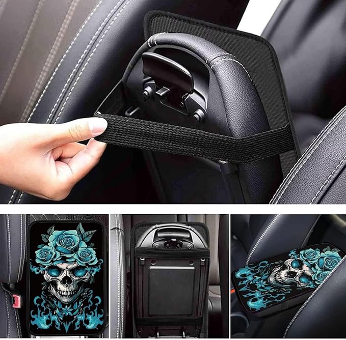 Dreaweet Teal Rose and Skull Center Console Cover Halloween Car Accessories for Women Interior Soft Comfort Vehicle Center Console Armrest Cover Pad Universal Fit Most Cars SUV Sedan