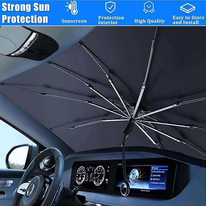 JDDRY Car Front Windshield Sun Shade with Pull Cord, Umbrella Sun Shade for Large SUV (145x80cm/57x31.5)