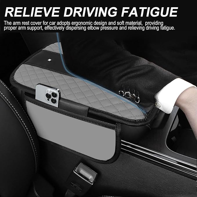 NBTEPEM Bling Crown Car Center Console Armrest Cover, Leather Middle Console Cover Cushion with 2 Storage Bags, Car Armrest Storage Box Interior Accessories for Most Vehicles(Gray)