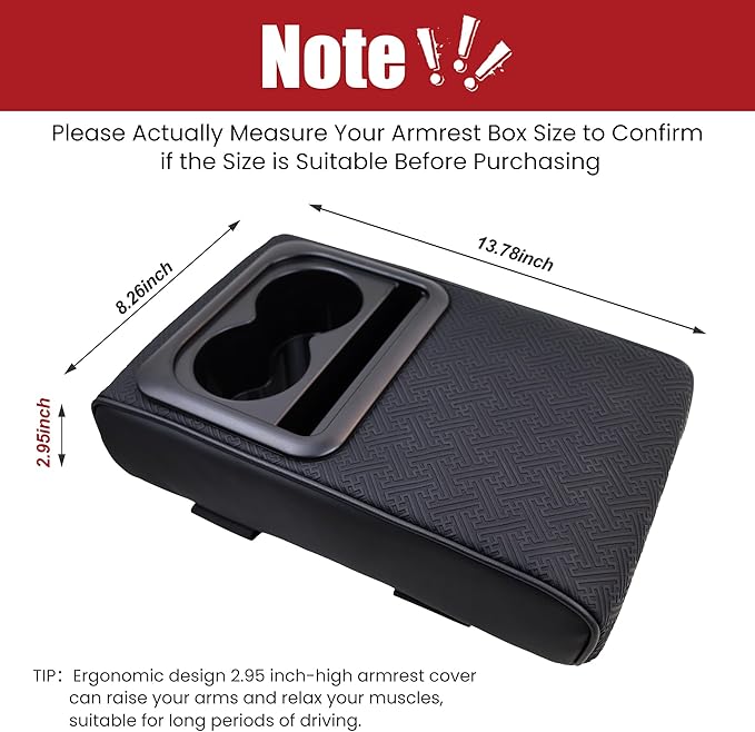 Car Middle Center Console Cover with Cup Holder for Long Driving,Car Armrest Storage Box with 2 Cup Holders for SUV,Truck-2.95in Height-Lifts Arms to Relax Muscles, Scratch-Resistant