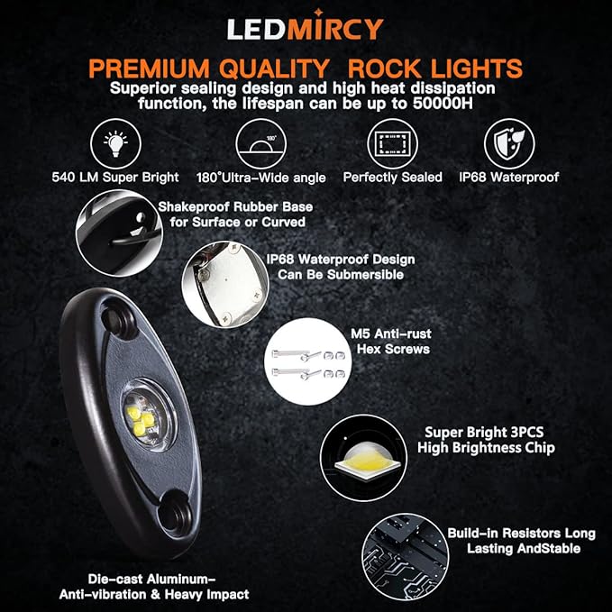 White Rock Lights,LEDMIRCY High Power Underbody Pure White LED Rock Lights for UTV Trucks Off Road RZR Auto Car Boat ATV SUV Waterproof High Power Neon Trail Rig Light Shockproof Pack of 20