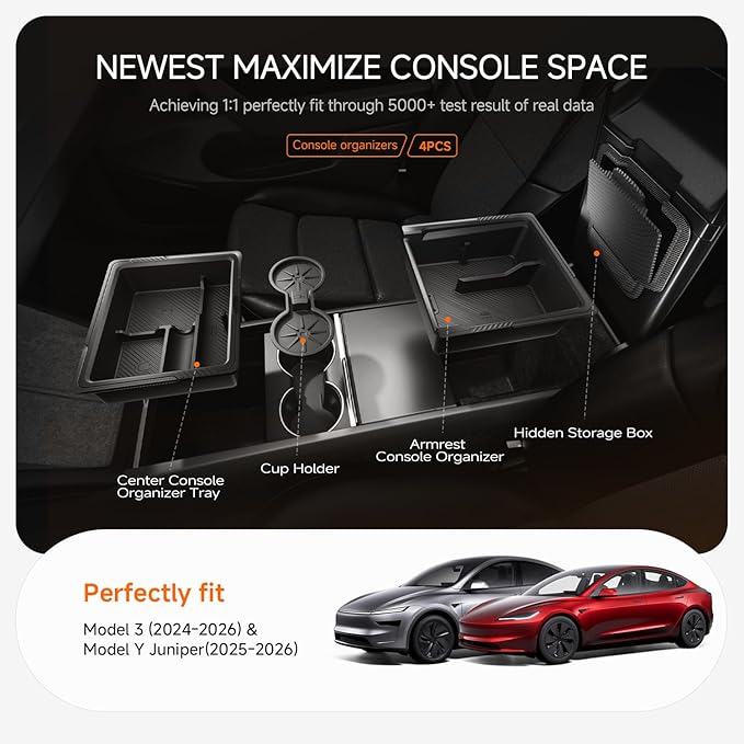Center Console Organizer for Tesla New Model Y Juniper 2025-2026/Model 3 2024-2026 [2-Layer Design, Easy Slide] Keep Console Clutter-Free Custom Fit for Model 3 & Juniper Model Y Accessories, 4PC