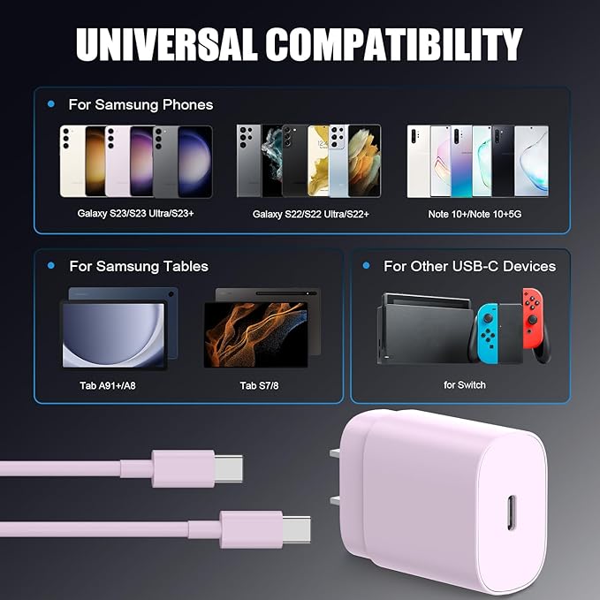 Essri Type C Charger Fast Charging for Samsung Galaxy S25/S24/S23/S22/Note 20,4Pack 25W Super USB C Fast Charger Block with (6ft+10ft) x2 Cables for iPhone 15/16 Pro Max/Plus, Android Phones-Pink