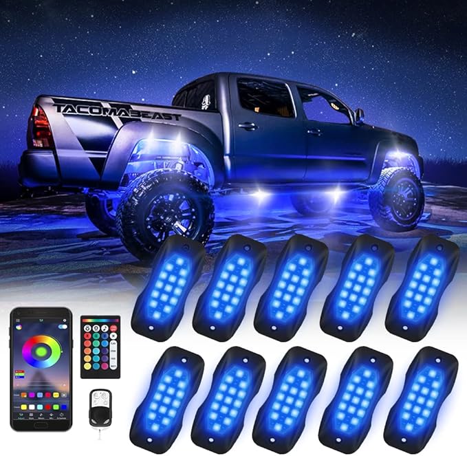 Rock Lights for Trucks 10 Pods RGB LED Rock Lights with Bluetooth APP/Remote Control Music Mode Extension Cords Underglow Lights IP68 Waterproof Neon Light Kits for Car Jeep Offroad Pickup