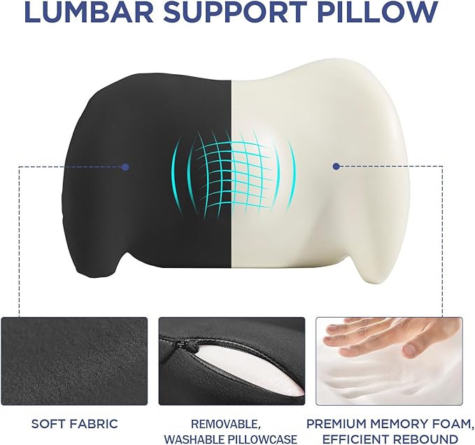 Lumbar Support Pillow for Office Chair, Car Lumbar Pillow Lower Back Pain Relief, Memory Foam Back Cushion with Adjustable Straps, Ergonomic Chair Back Pillow for Gaming Chair, Car, Bed (A-Black)