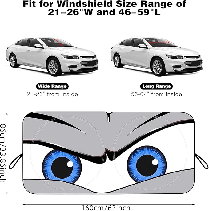 Car Windshield Sun Shade, Funny Eyes Sun Visor, Wear-Resistant Black Tape, Foldable 160x86cm/63x33.86inch