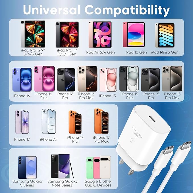 iPhone 17 16 15 Charger Fast Charging 10FT Cable, 30W USB C Charger Block for i Phone 15 16 16e 17 Air Plus Pro Max/iPad Pro/AirPods, PD USBC Power Adapter Wall Plug & Long Type C to C Cord