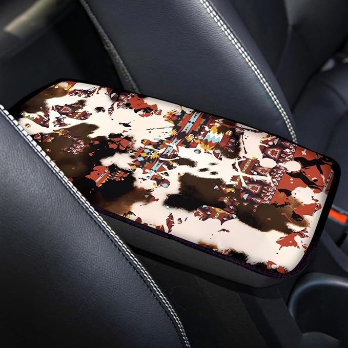 UNICEU Cow Print Aztec Geometrici Car Accessories Neoprene Car Center Console Armrest Cover Anti Slip Armrest Box Protector Cushion Pad