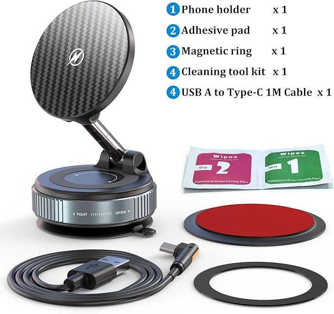 PlusAcc Vacuum Magnetic Phone Holder for Car, Suction Cup Phone Mount for MagSafe, 360°Rotatable Strong Magnet Stand for iPhone 16/15/14/13 in Smooth Surface (Charging)