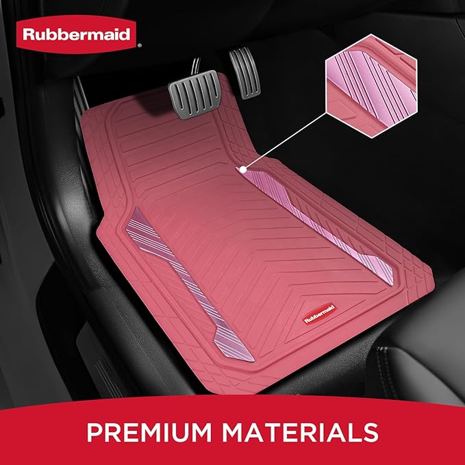 Rubbermaid Car Floor Mat, Heavy Duty All-Weather Car Mats Full Set with Dual-Tone Pink and Sliver Aluminum Inserts – Universal Fit, Anti-Slip Backing, Trim-to-Fit for Most SUV, Sedan, Van