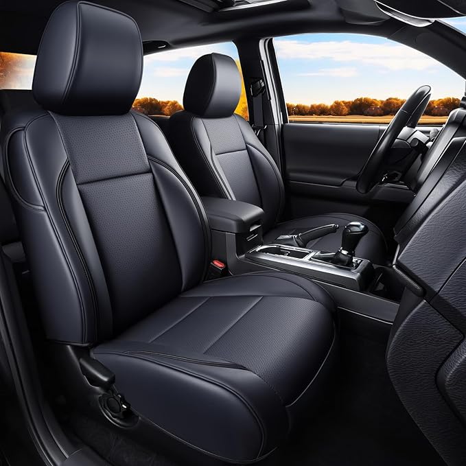 Fit Tacoma Car Seat Covers for Toyota Tacoma 2016-2023 - Upgraded Premium Waterproof & Breathable Leather, Airbag Compatible, All-Weather Seat Cushion Protector (2 Front/Black)