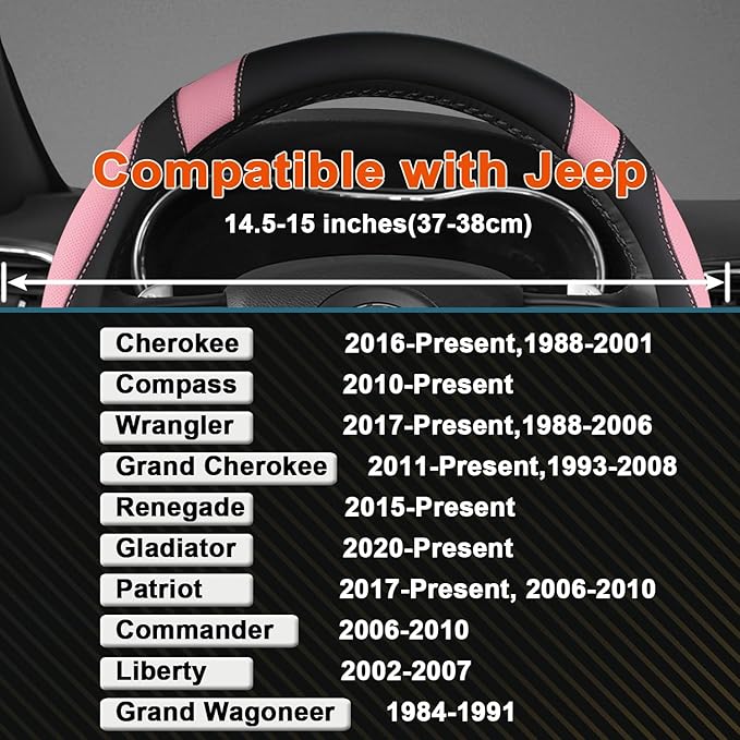 West Llama Customized Auto Car Steering Wheel Cover for Jeep Grand Cherokee,Wrangler,Compass,Gladiator,Cherokee 14.5-15 inches (Black+Pink-Standard Size)