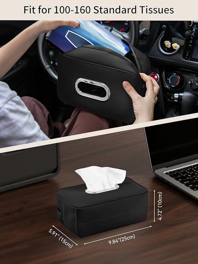 Multi-Functional Car Tissue Holder with ‌2 Storage Nets, Upgraded PU Leather Tissue Box Cover, Large Rectangle Napkin Organizer Fit for 100-160 Regular Size Tissues, Keep Car Tidy, Black