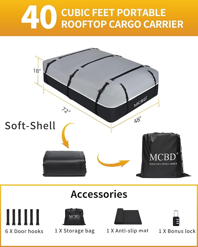 MCBD Rooftop Cargo Carrier Bag for Car, 40 Cubic Feet Large Waterproof Soft-Shell Roof Bag for All Vehicles SUV with/Without Roof Rack, Universal Car Top Luggage Storage Bag
