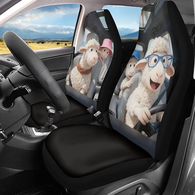 Cute Car Seat Covers Front Seats Breathable Front Seat Covers Sheep Stretch Polyester Fabric Cover Removable Automotive Accessories Suitable for Most Cars,SUV,Sedan