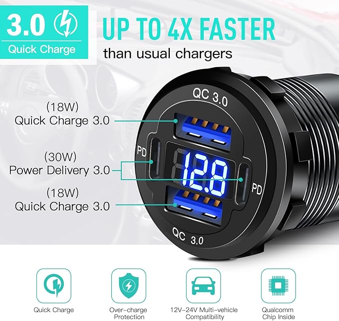 4 Port 12V USB Outlet Aluminum Car Charger with Voltmeter, 78W Fast Charge Dual PD3.0 & QC3.0 Multiple USB Port for Car, Marine USB C Socket Cigarette Lighter Replacement Waterproof 12 Volt Outlet