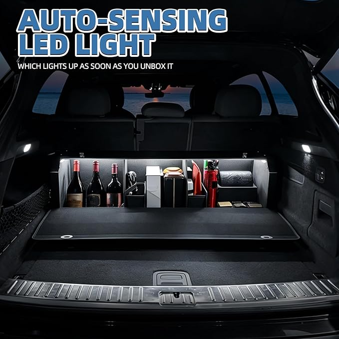 Car Trunk Organizer, Leather Trunk Organizer with LED Light Car Storage Box with Lid and Push-pull Handle Organizer Trunk Storage for SUV, Trunk, Minivan (Black, 40.5 x 11.4 x 12.2in)