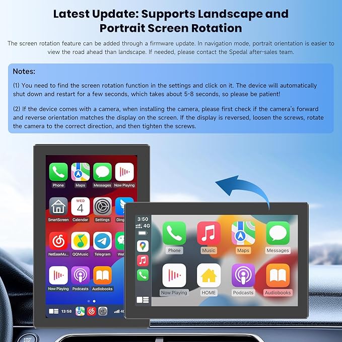 Portable Car Stereo with Wireless CarPlay and Android Auto, Spedal CL786 CarPlay Screen for Car, Portrait & Landscape 7" IPS Touchscreen, Mirror Link/Bluetooth/Navigation/Voice Control