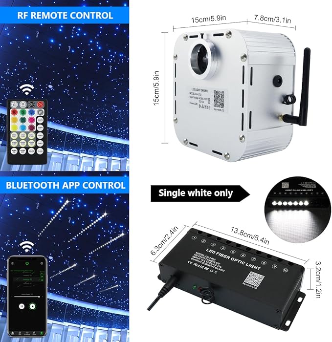 AMKI 32W Twinkle Mixed 800pcs 16.4ft Fiber Optic Starlight Headliner Kit with Shooting Star, Pure White Meteor Kits RGBW Sound Activated APP Remote Control for Car Home Roof Ceiling Decoration