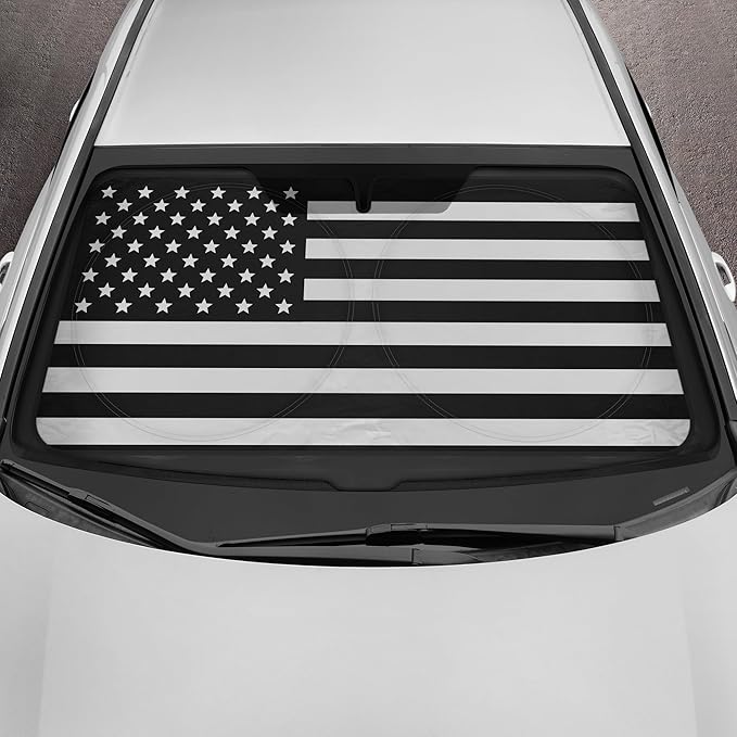 Motor Trend USA Black American Flag Car Windshield Sun Shade for Front Window, Foldable Car Sun Shade with Patriotic Graphic, Collapsible Sun Visor Sunshade for Cars Windshield (Large 69" x 35")
