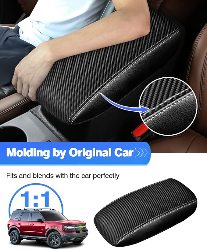 Autorder Center Console Cover for Ford Bronco Sport 2021-2025 2026/Escape 2020-2025 2026 Accessories Carbon Fiber Armrest Cover Anti-Scratch Middle Console Pad Leather Armrest Protector