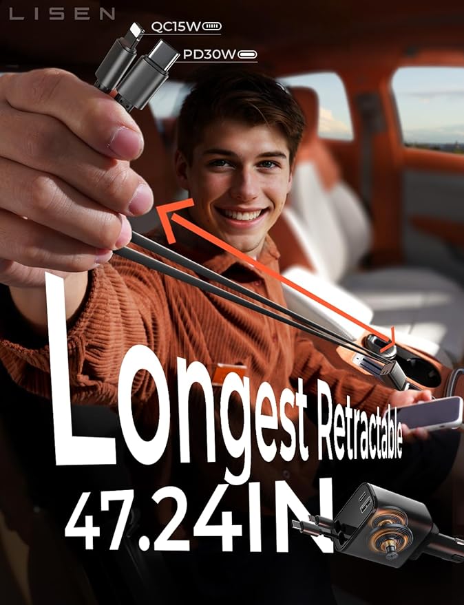 LISEN Long Retractable Car Charger 4 in 1 (47.2in Cable), USB C Car Charger for Truck/Jeep Drivers, Light Truck Jeep Accessories Fast Charging for iPhone 17 16 15 14 13 12 11 Series, Samsung S26 S25