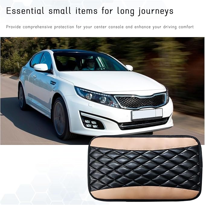 Car Center Console Cushion Pad, Universal Leather Waterproof Armrest Seat Box Cover, Comfortable Auto Armrest Cover Protector, Car Interior Decor Accessories for Most Vehicles (Black & Beige)