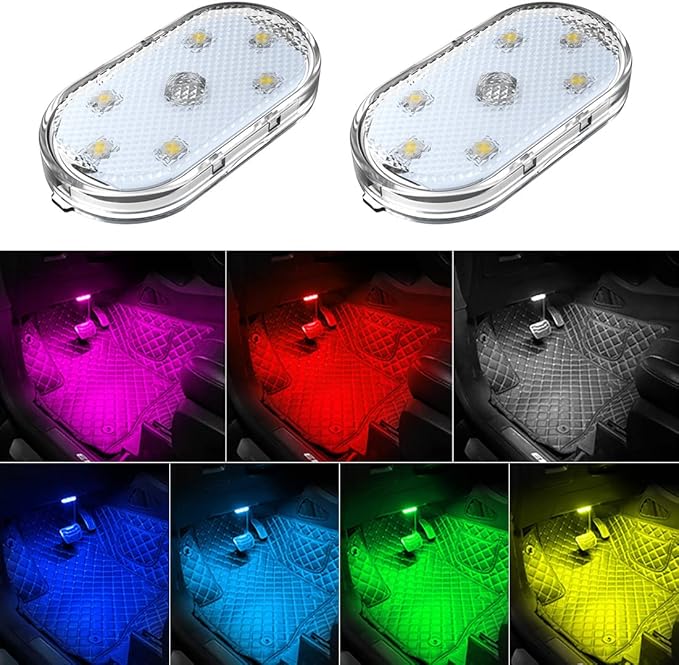 2 PCS Car Led Lights Interior,7 Colors Ambient Lighting Car Interior,USB Rechargeable Car Interior Reading Light,Portable Led Lights for Car