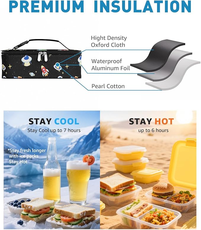 Small Lunch Box Insulated Lunch Bag for Women Men, Bento Kids Lunch Box, Compact Portable Thermal Meal Cooler Bags with Buckle Handle for Work & School, Spaceman 5L