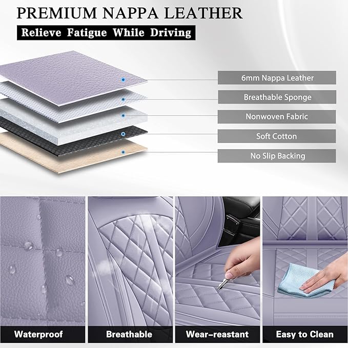 otoez Car Seat Covers Full Set, Universal Leather Seat Cover 5 Seat Waterproof & Breathable Automotive Seat Protector Full Coverage for Cars Sedens, Trucks, SUVs, Vans (Light Purple)