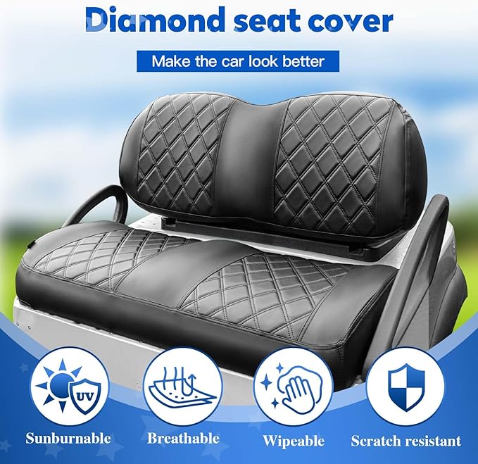 NOKINS Golf Cart Vinyl Diamond Seat Covers kit, Fit Club Car Precedent/Tempo/Onward Premium Front Seat Cushion, Soft/Scratch-Resistant/No Stapler Needed