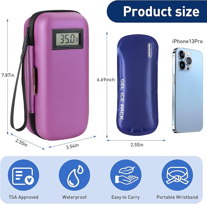 Insulin Cooler Travel Case, Portable Temperature Display Medicine Travel Cooler, Diabetes Case with 2 Reusable Ice Packs TSA Approved for Diabetic Supplies Patent Pending(Purple)