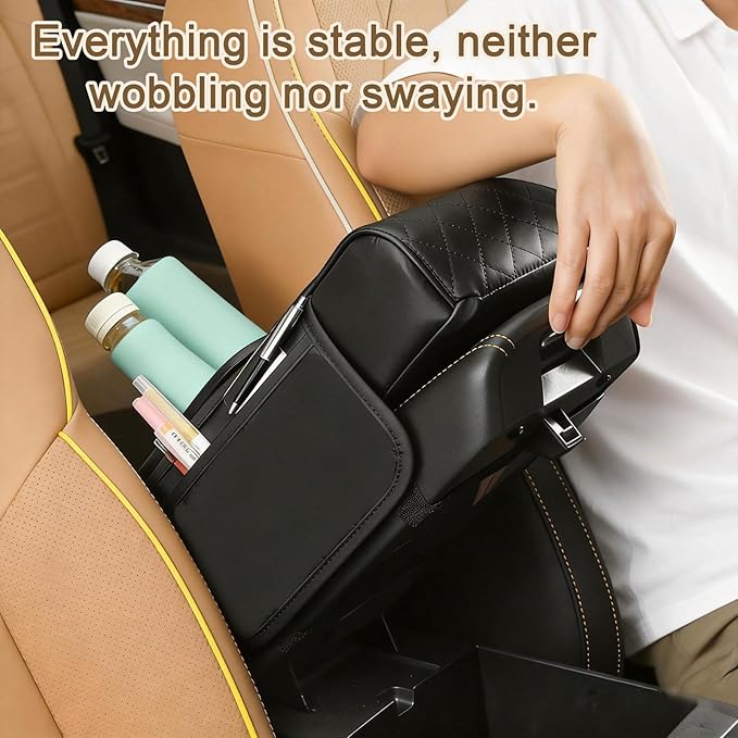 Car Armrest Cushion (Black) Multifunctional 5 in 1 Center Console Armrest Cushion with Storage Bag Cup/Phone Holder Tissue Box - Waterproof Car Interior Storage Device