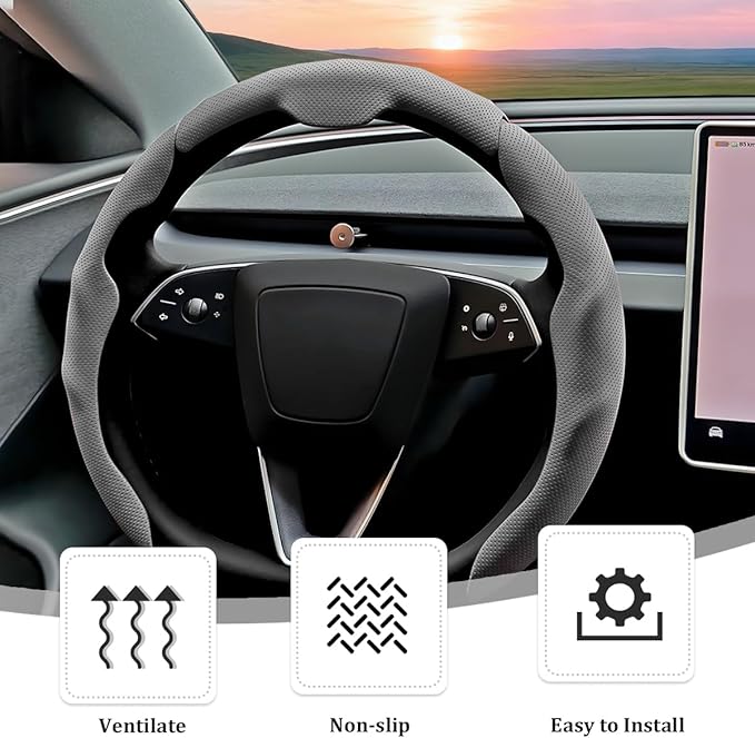 3PCS Car Steering Wheel Cover, Nappa Leather Breathable Non-Slip Segmented Steering Wheel Protector, Snap-on Auto Interior Decoration Accessories, Universal Fit (Gray)