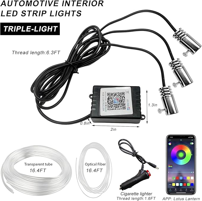 Interior Car LED Strip Lights with APP Control, 3 in 1 RGB Ambient Lighting Kit with 197 inches Fiber Optic, 16 Million Colors Music Sync LED Vehicle Cigarette Lighter Neon Strip