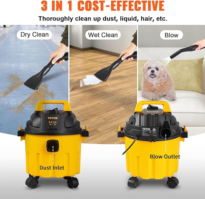 VEVOR 2.6 Gallon 2.5 Peak HP Wet and Dry Shop Vac， Portable Shop Vacuum and Blower 3-in-1 with Filter, Hose and Attachments for Home and Car Cleaning Black/Yellow