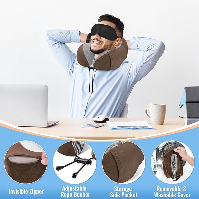 CloudBliss Travel Pillow Premium Memory Foam, Comfortable & Supportive Neck Pillow, Neck Pillows for Sleeping Travel, Airplane Pillow for Sleeping Airplane, Car, Office and Home（Black & Brown）