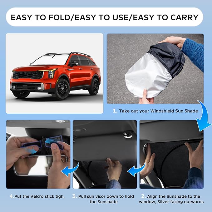 Sun Shade Sunshade for Kia Sorento 2021-2025 2026 Windshield Cover, 4-Layers Sun Shield 250T Silver Sun Visor Foldable Front Window Shade Blocks UV Rays Car Accessories