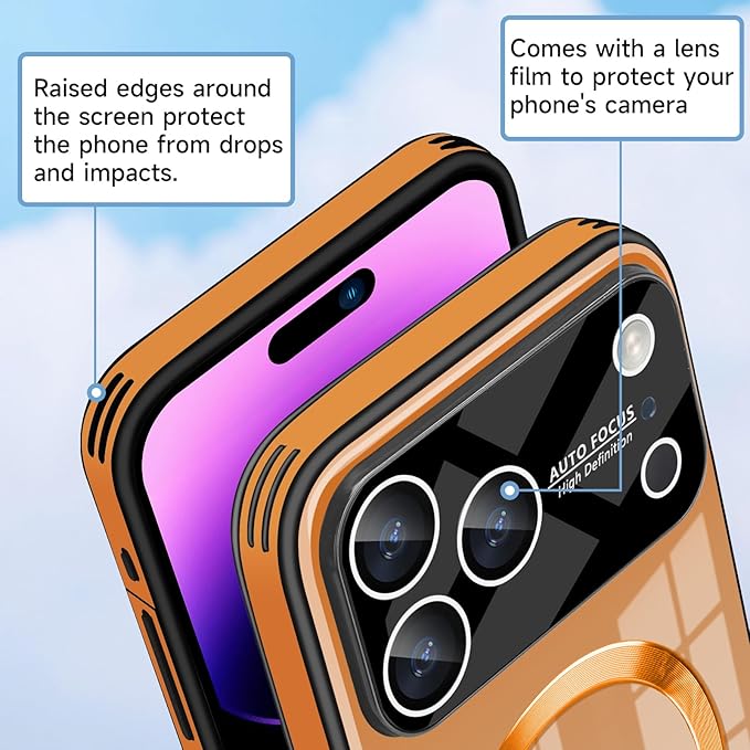 Guppy Compatible with iPhone 17 Pro Max Magnetic Case, with Full Camera Lens Protector [Compatible with MagSafe] Scratch Resistant Gradient Glass Back Cover Phone Case-Orange