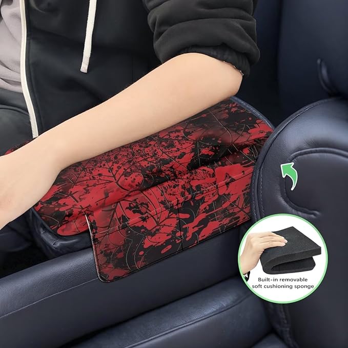 Wanyint Bloody Print Cobweb Auto Center Console Cover Armrest Seat Box Cover Protector with 4 Storage Bags Middle Console Pad Arm Rest Covering for Car Side Storage Box for Women Men