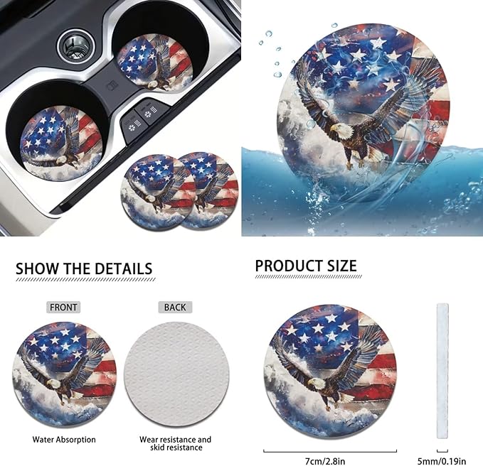 FKELYI Eagle Car Seat Covers - American Flag Headrest, Dust-Proof Gear & Handbrake, Steering Wheel, Cup Coasters