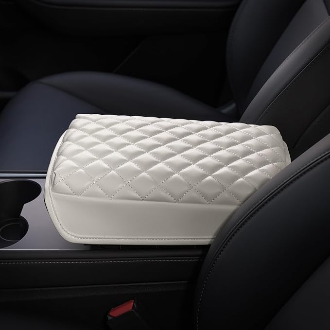 KMMOTORS Fits Model y, Model 3 (2021-2024) Center Console Cover Quilting White, Armrest Cushion, Console Protector, Vegan Leather, Model 3 Accessories, Model y Accessories (Creamy White)