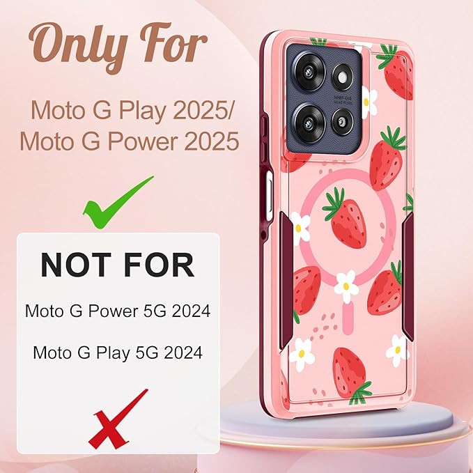 LISEVOfor Moto G Power 2025 Case - for Motorola Moto G Play 2025 Case Compatible with MagSafe Women Cute Girls Magnetic Protective Phone Cover Girly Kawaii Strawberry Heavy Duty Shockproof