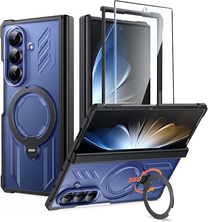 FNTCASE for Samsung Galaxy Z-Fold-7 Case: [360 Spin Magnetic Ring Kickstand] [Compatible for MagSafe] [Screen Protector] Heavy Duty Mil-Grade Protection Galaxy Z Fold7 Case with Stand Clear Black