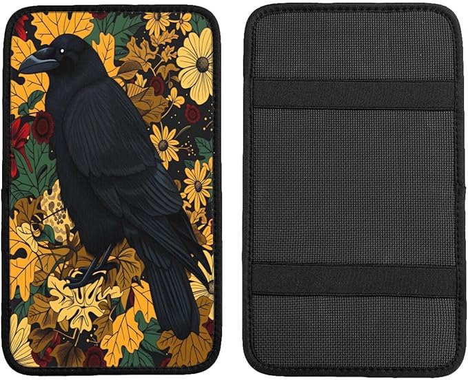 Gothic Raven Vintage Floral Black Crow Car Handrail Box Cushion Armrest Cover Auto Center Console Pad Car Decor 12.6X7.5 in