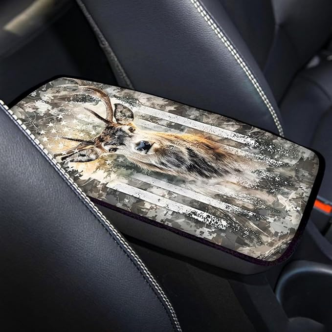 Deer Camo Hunting Print Armrest Cover Pad for Car American Flag Print Car Center Console Armrest Cushion Pad Universal Fit for Most Cars