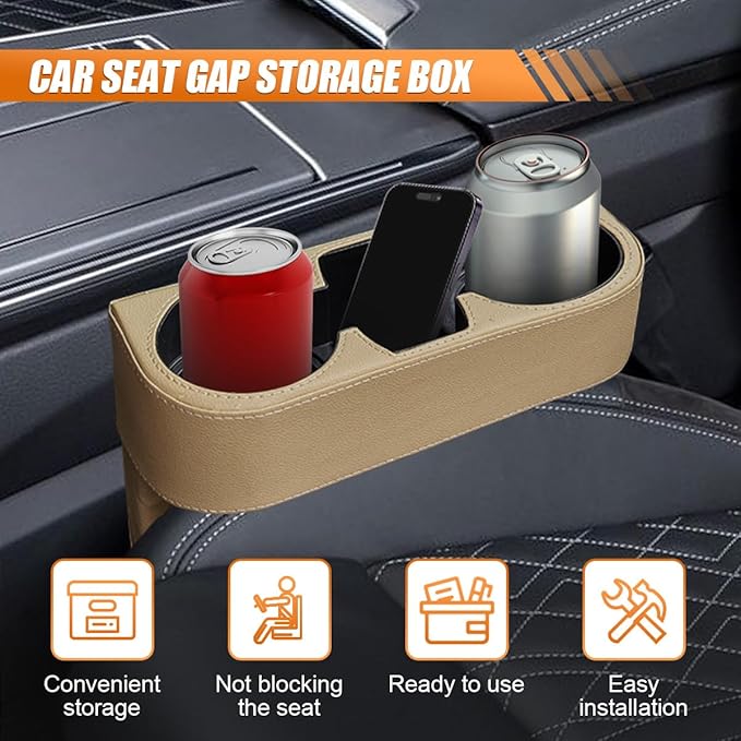 Car Cup Holder, PU Leather Car Seat Gap Filler Organizer Cup Drink Holder, Multifunctional Coin Bucket Cell Mobile Phone Holders, Auto Front Console Storage Box for Most Cars (Beige)