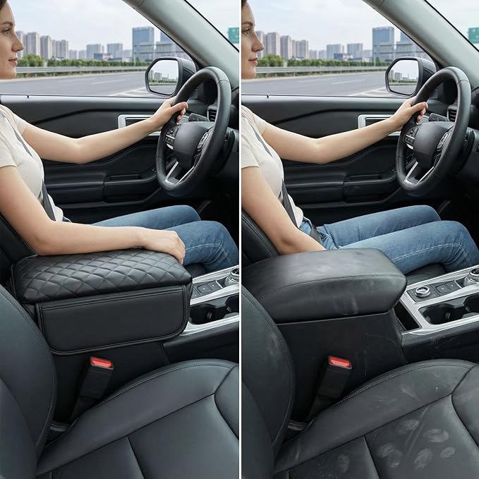 Console Cover for Ford Explorer 2020-2025 Armrest Cover Leather Arm Rest Pad Black Middle Console Cover with Pockets for Explorer Accessories