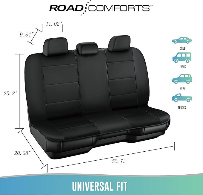 Road Comforts Car Seat Cover, Leather Car Seat Cover Full Set, Automotive Seat Covers, Airbag Compatible Universal Fit for Most Cars (Black)